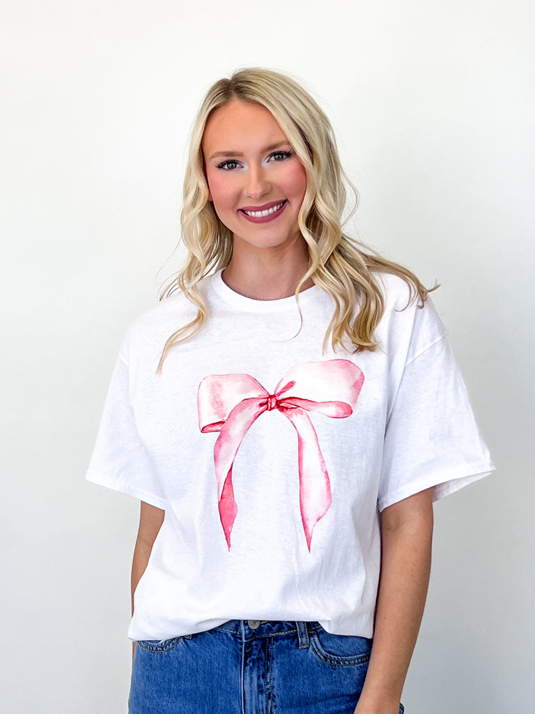 Graphic Tee - Single Pink Bow (White)