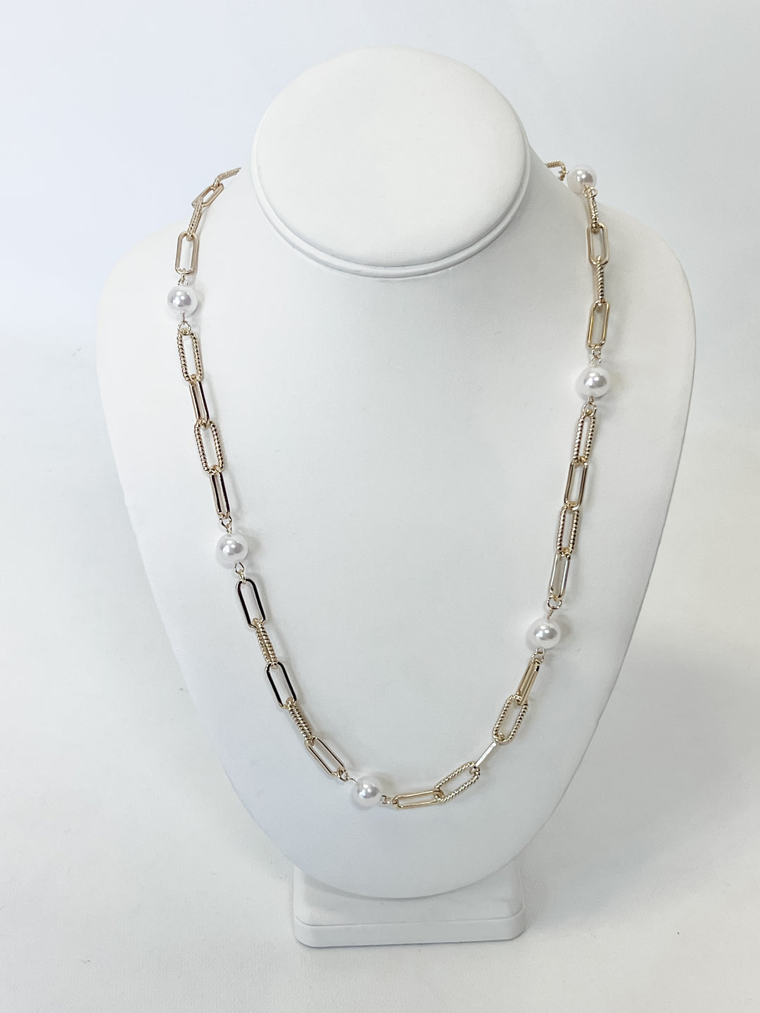 Alana - Long Gold Chain Link Necklace w/ Pearls