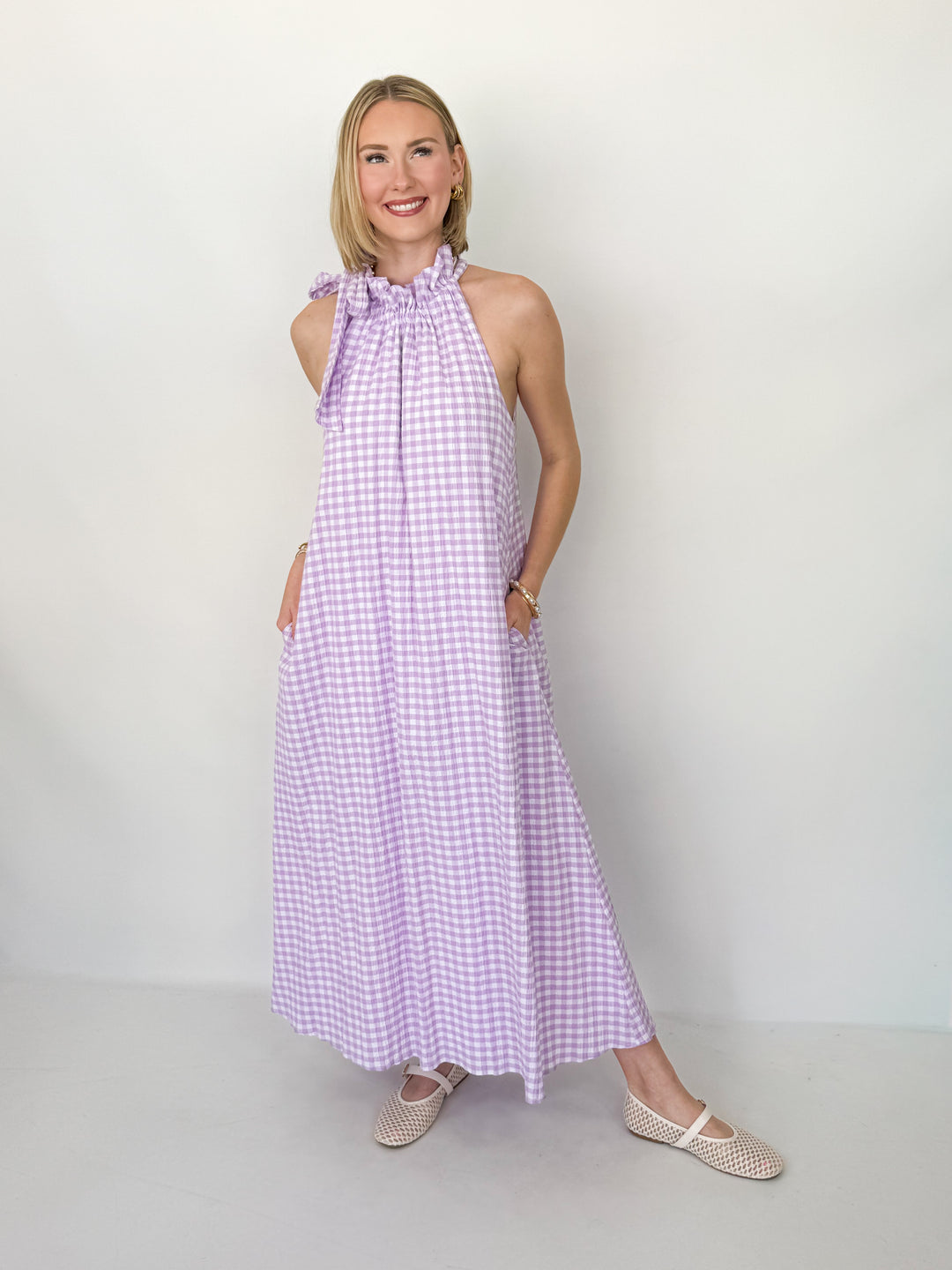Violetta - Lavender Gingham Neck Tie Maxi Dress