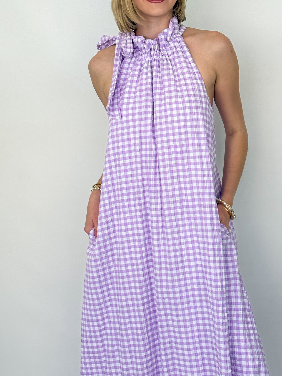 Violetta - Lavender Gingham Neck Tie Maxi Dress