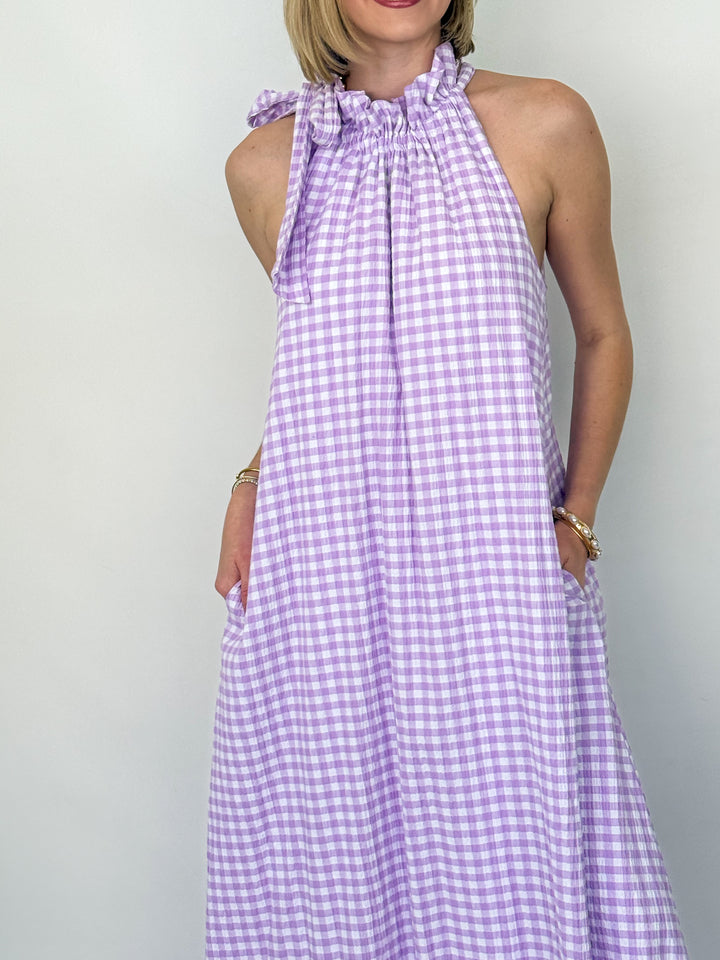 Violetta - Lavender Gingham Neck Tie Maxi Dress