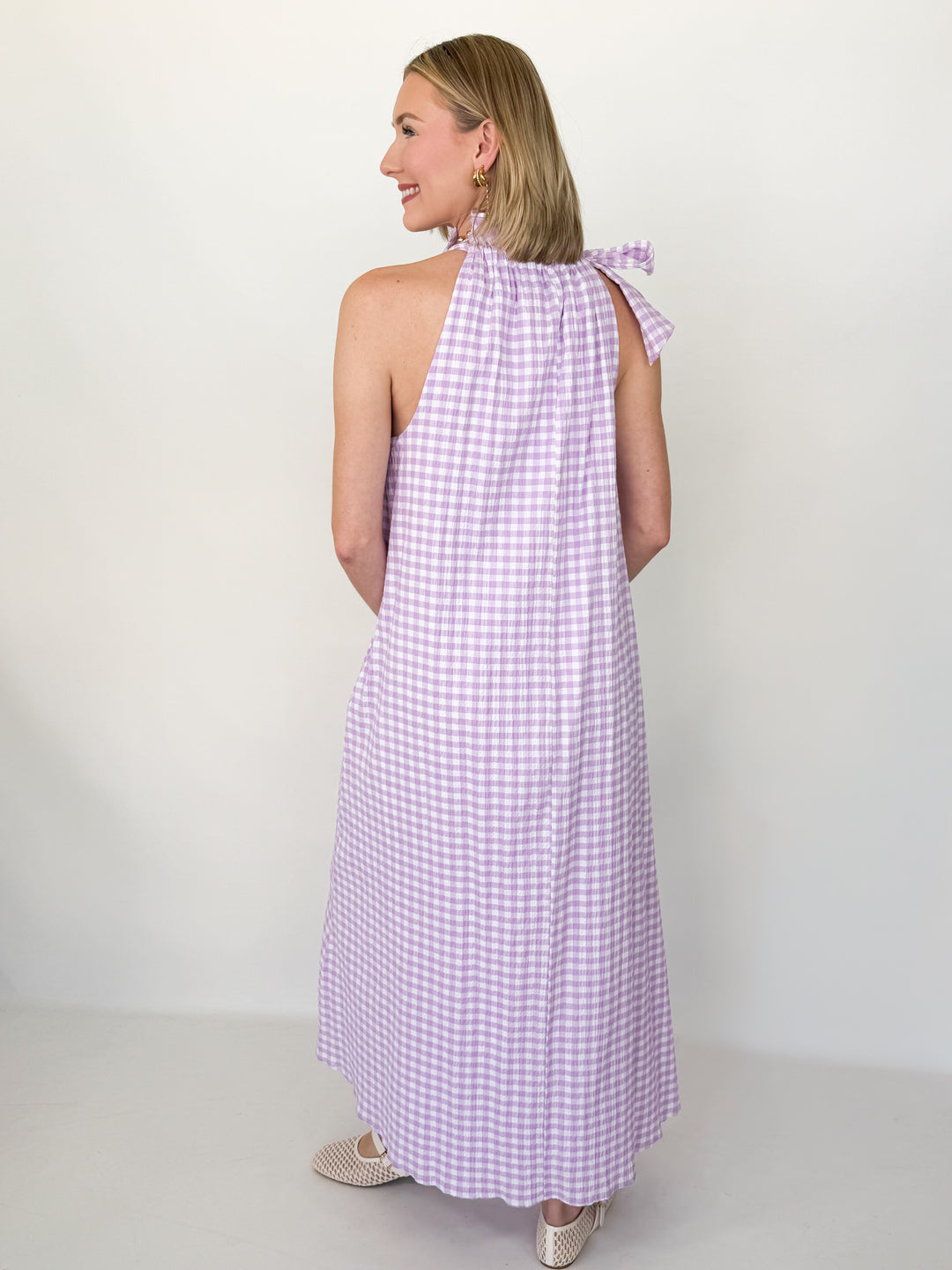 Violetta - Lavender Gingham Neck Tie Maxi Dress