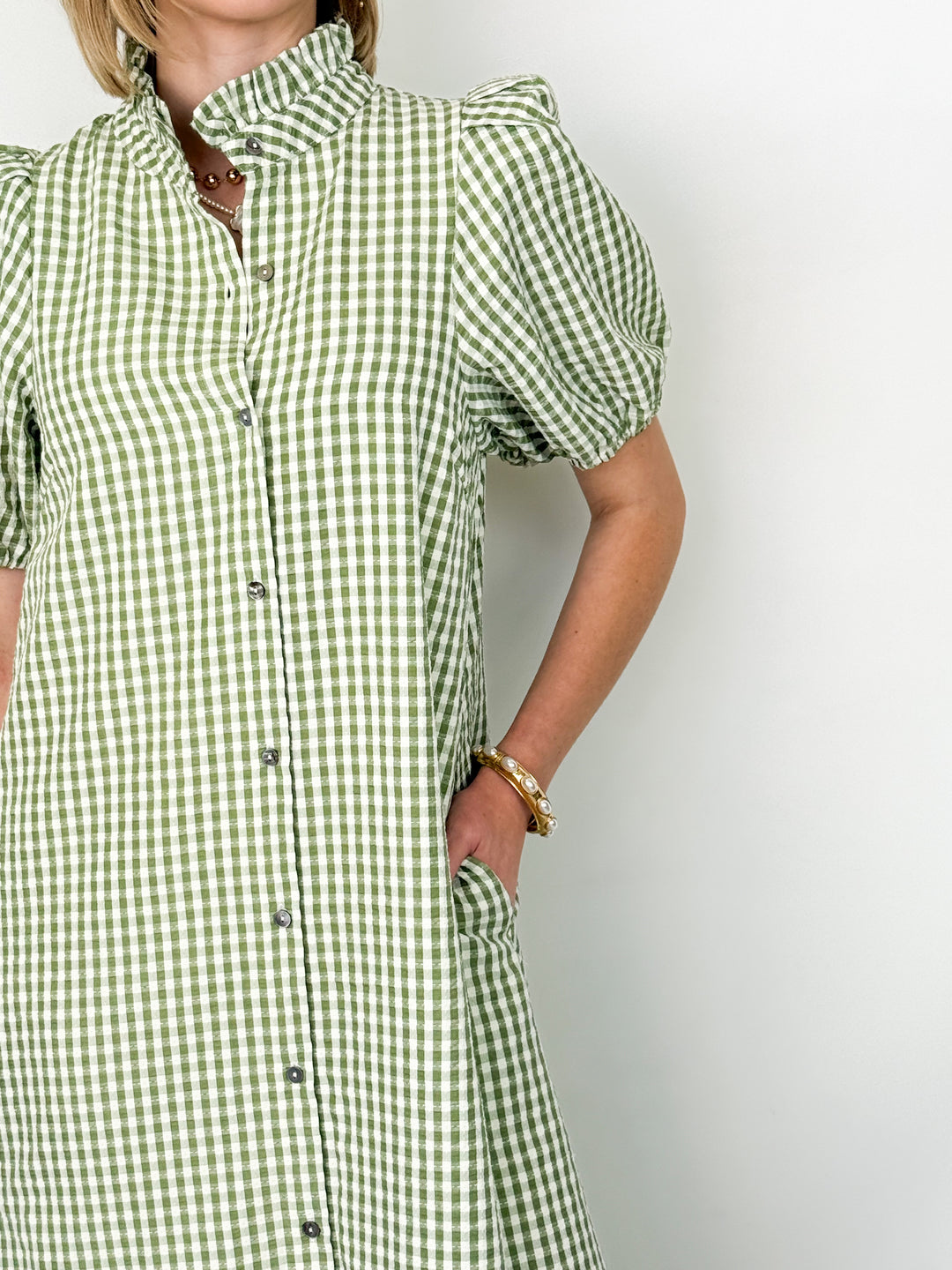 Mindy - Green Gingham Button Down Midi Dress