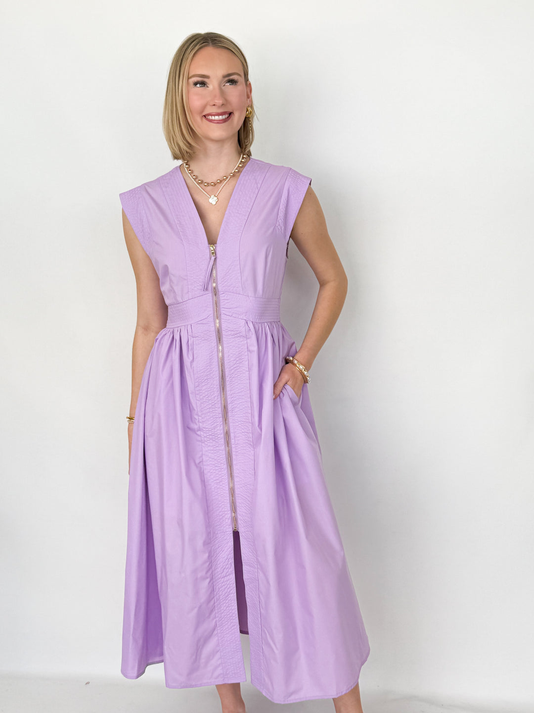 Kathryn - Front Zip Midi Dress (Lavender)