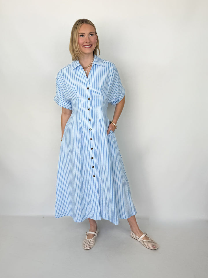 Miranda - Blue Striped Short Sleeve Button Down Midi Dress