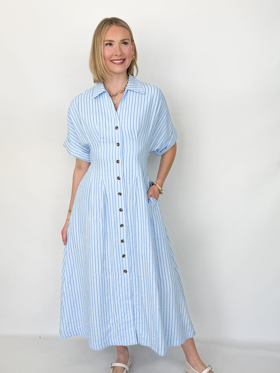 Miranda - Blue Striped Short Sleeve Button Down Midi Dress