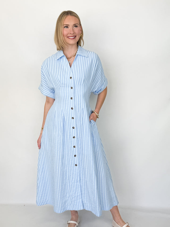 Miranda - Blue Striped Short Sleeve Button Down Midi Dress