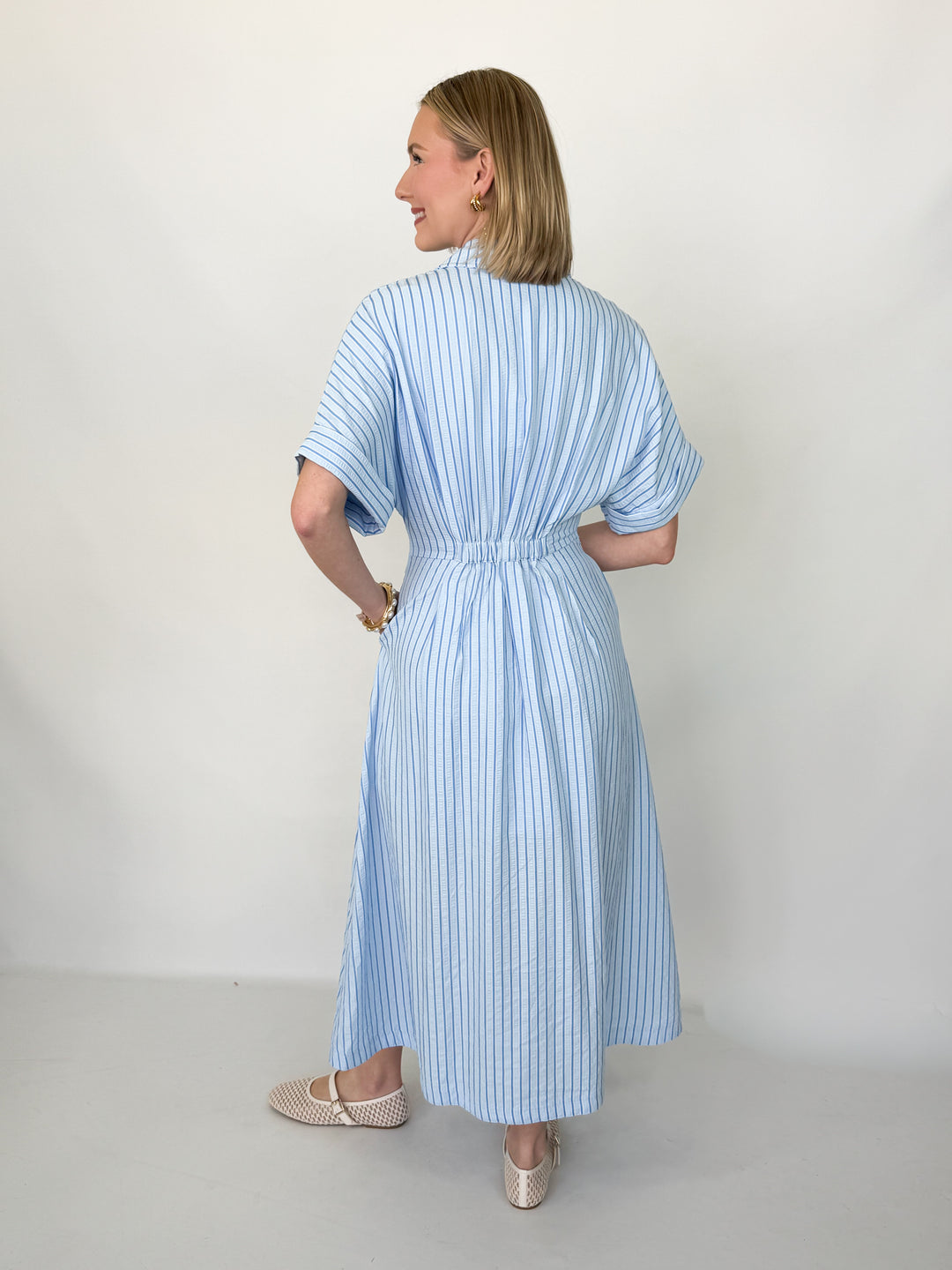 Miranda - Blue Striped Short Sleeve Button Down Midi Dress