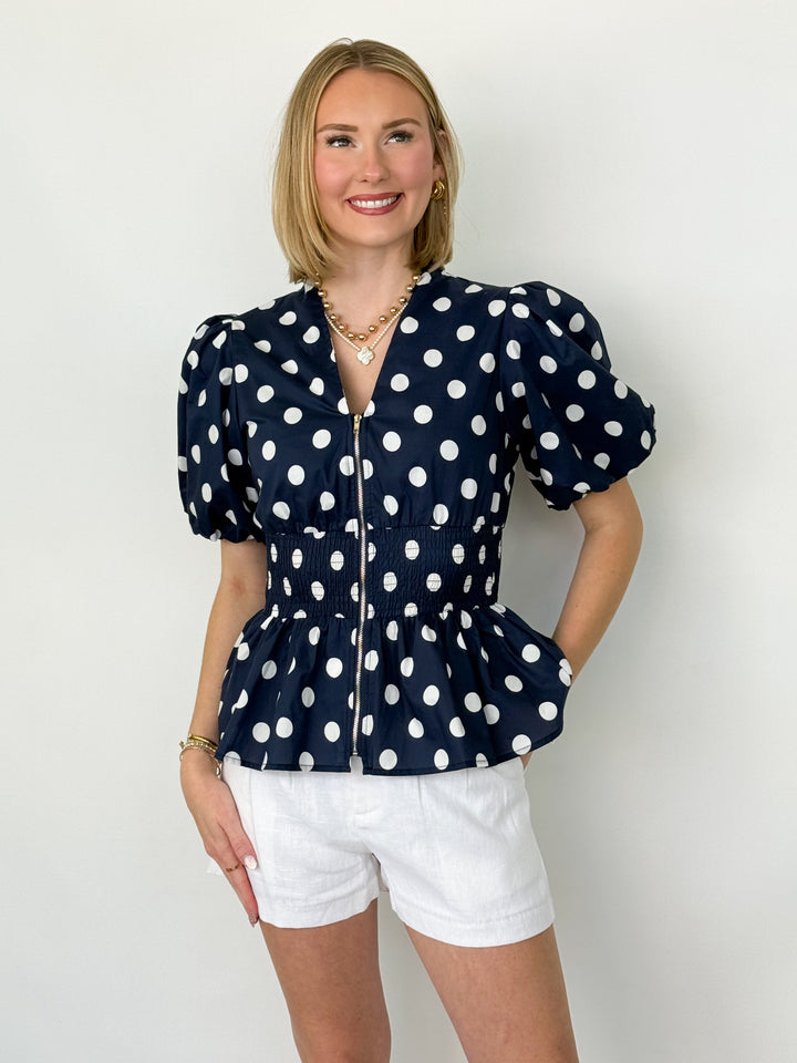 Liz - Navy Polka Dot Smocked Waist Zip Up Blouse