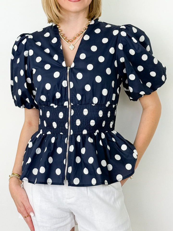 Liz - Navy Polka Dot Smocked Waist Zip Up Blouse
