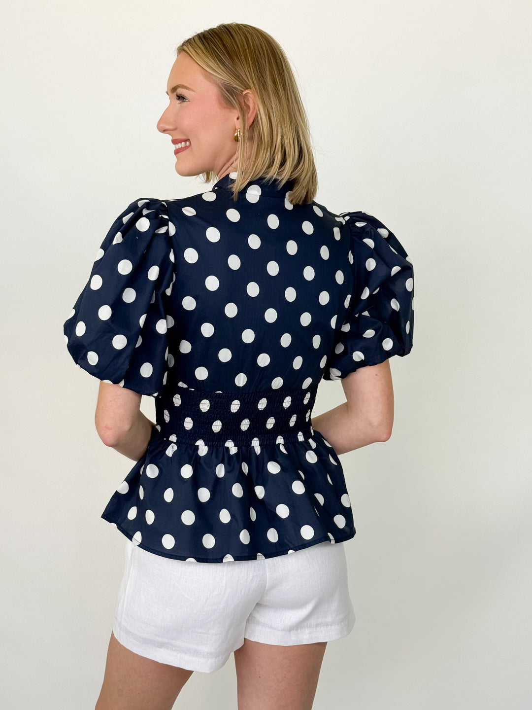 Liz - Navy Polka Dot Smocked Waist Zip Up Blouse