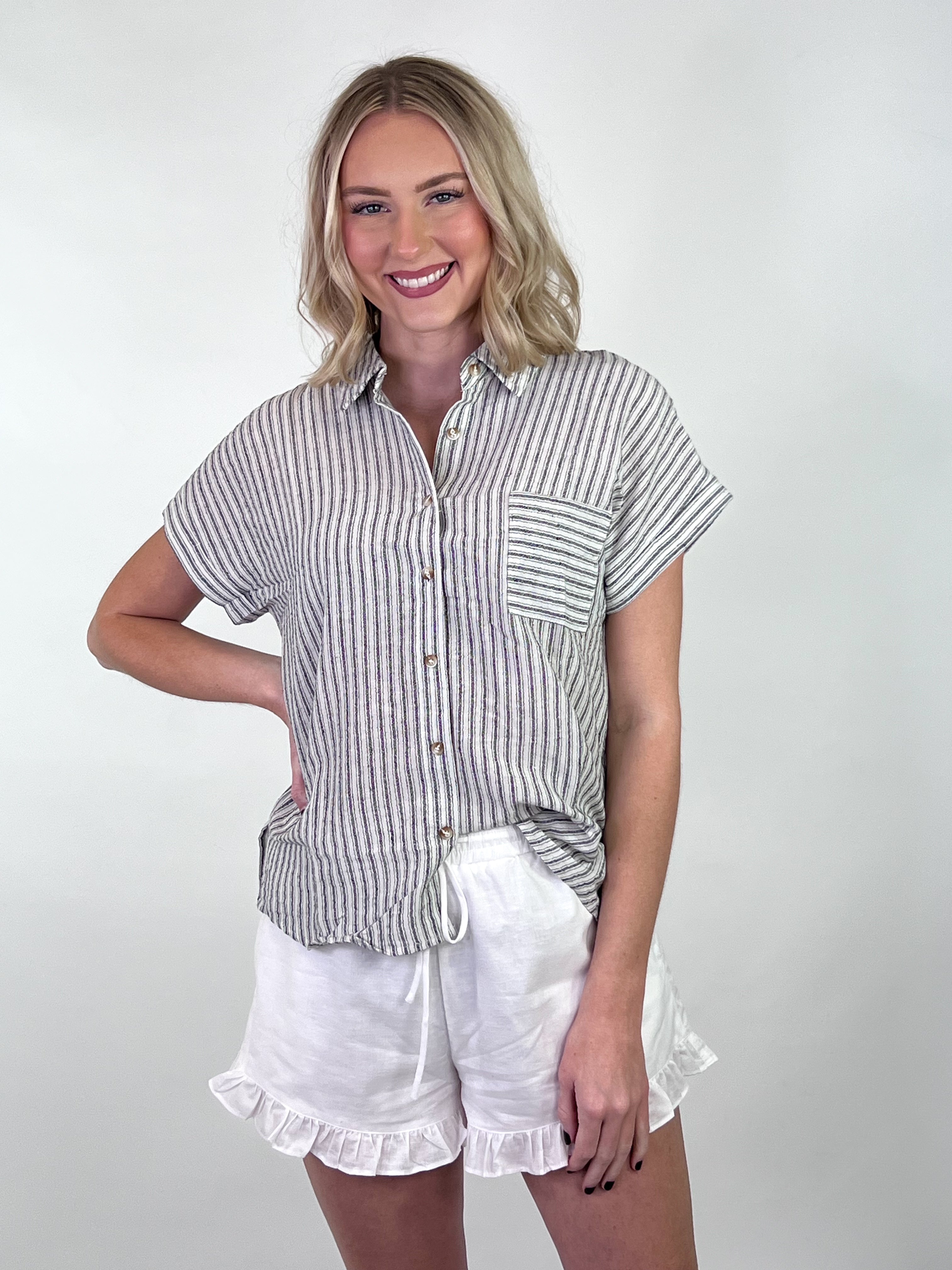 Ellie - Striped Short Sleeve Linen Top
