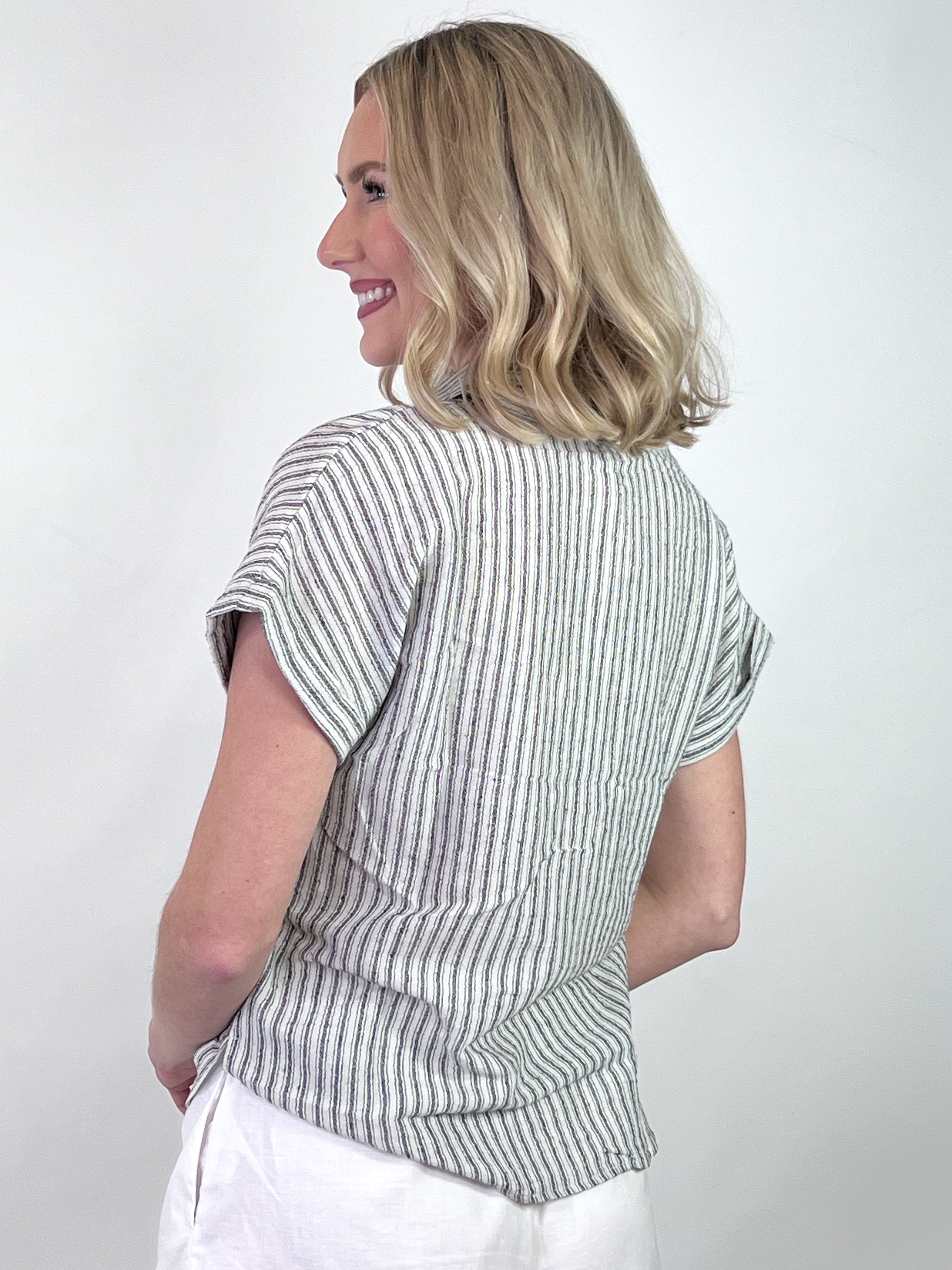 Ellie - Striped Short Sleeve Linen Top