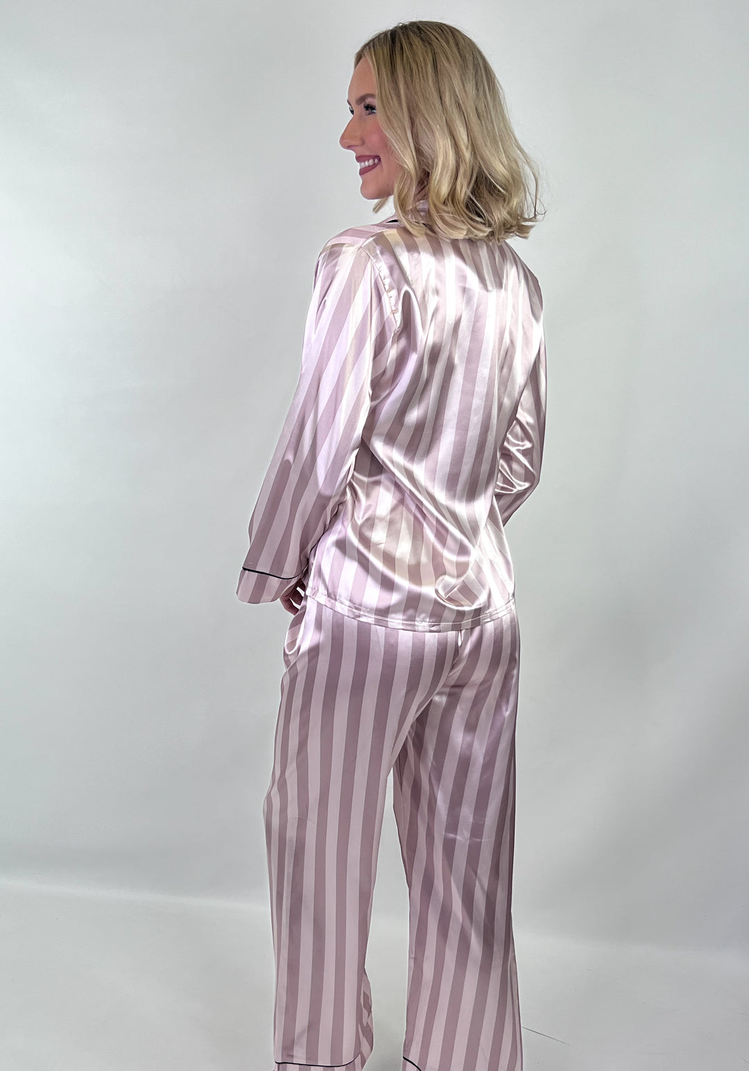 Adley - Striped Satin Pajamas (Taupe)