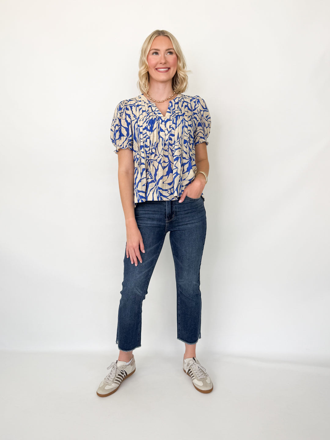 Keisha - Printed Pintuck Blouse (Blue)