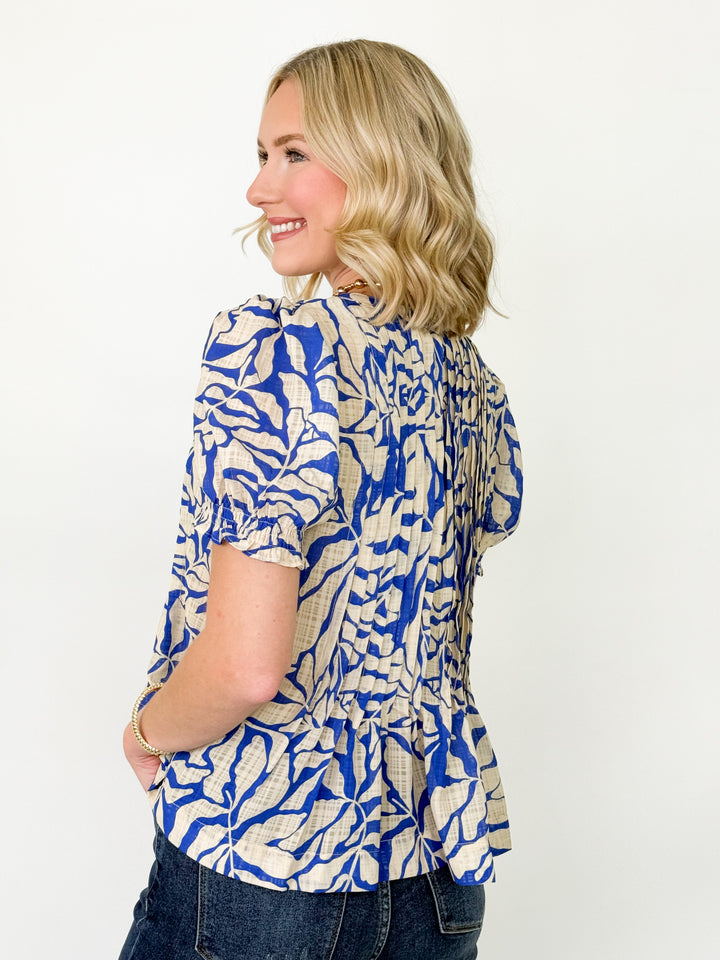 Keisha - Printed Pintuck Blouse (Blue)
