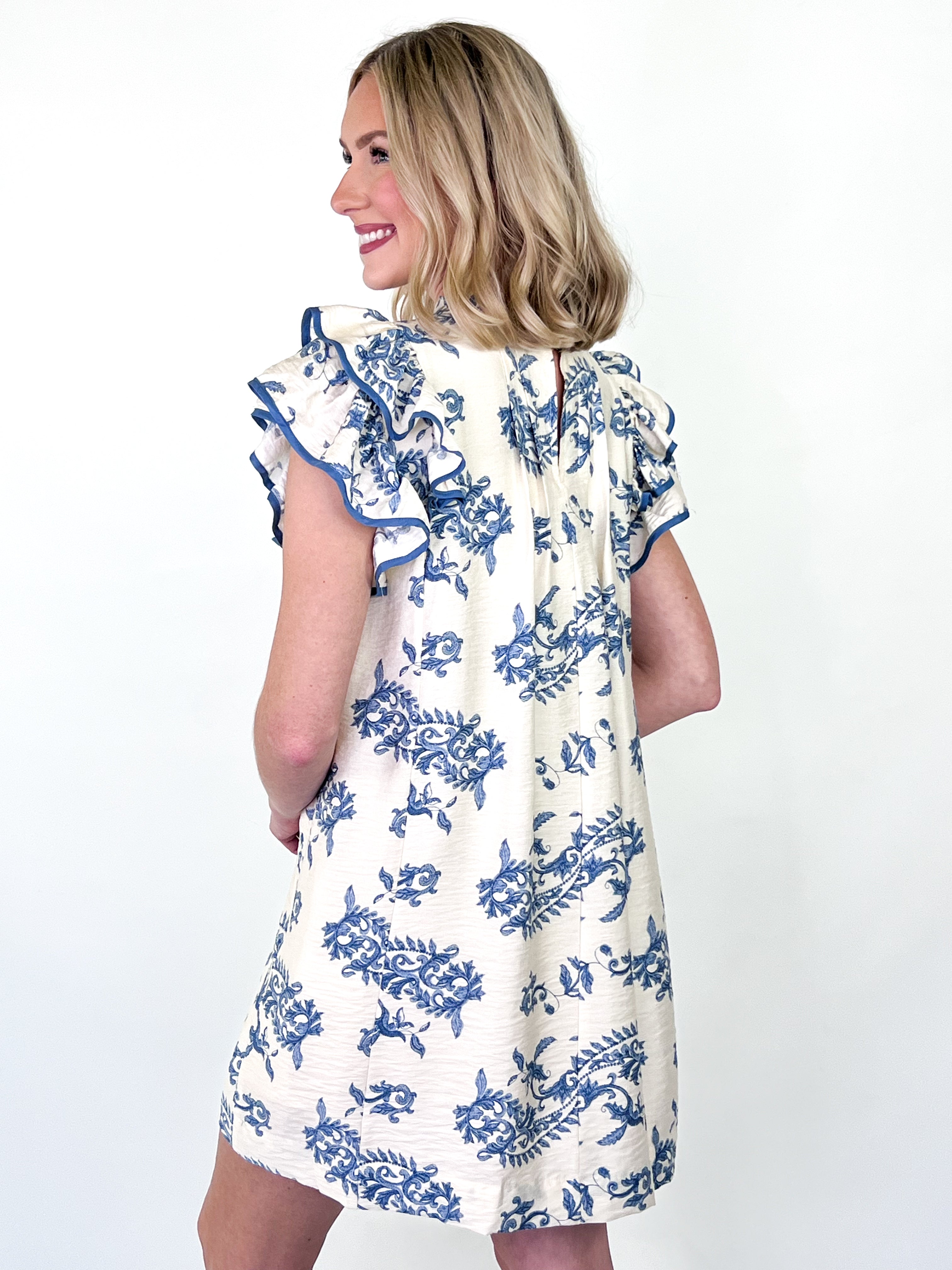 Michele - Blue Floral Ruffle Sleeve Dress