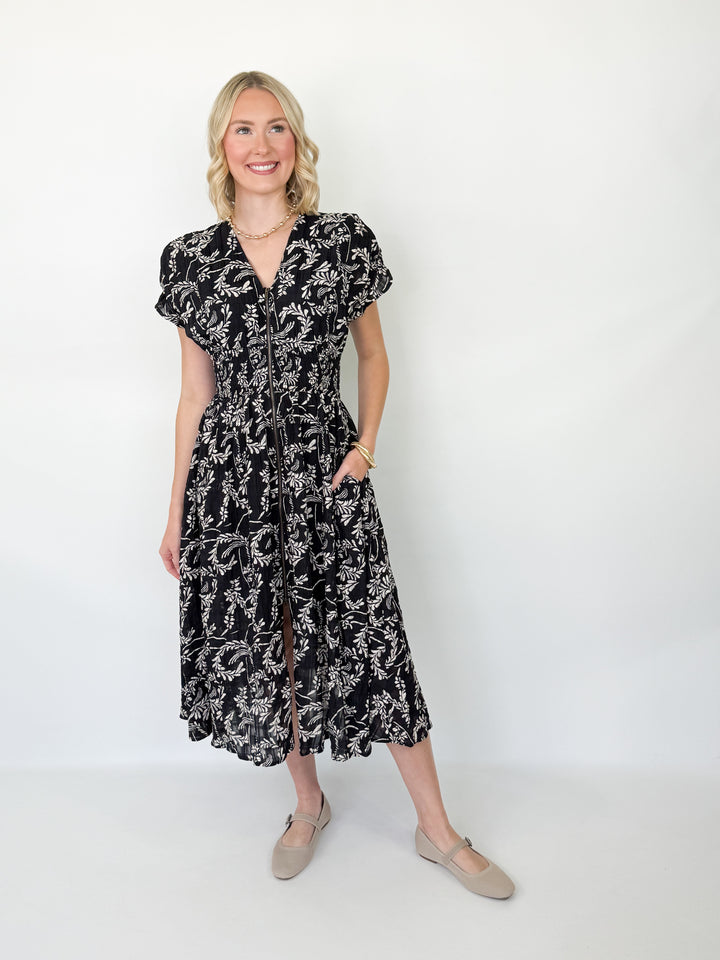 Merideth - Black Floral Midi Dress