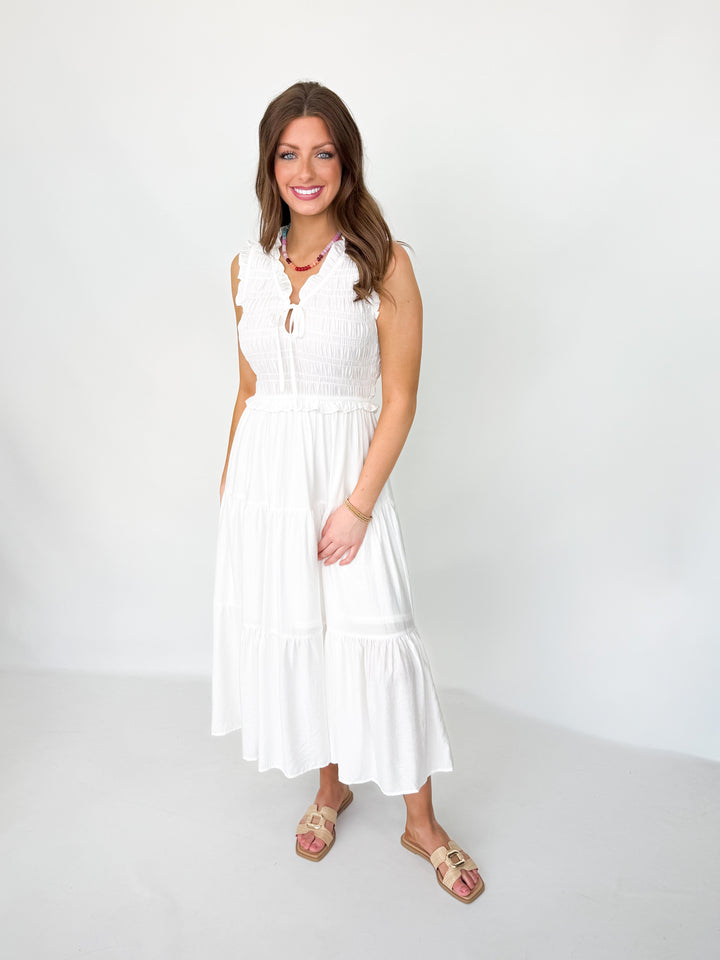 Connie - White Tiered Midi Dress