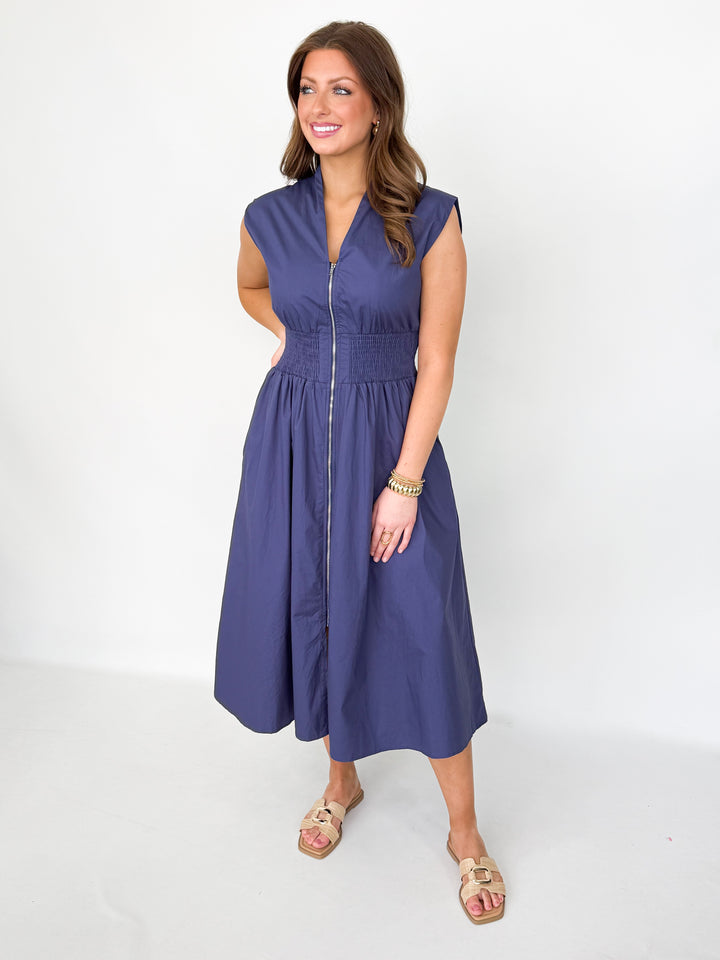 Rhea - Front Zip Midi Dress (Navy)