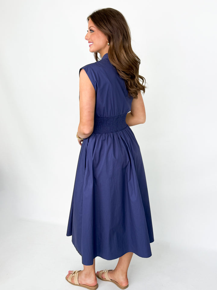 Rhea - Front Zip Midi Dress (Navy)