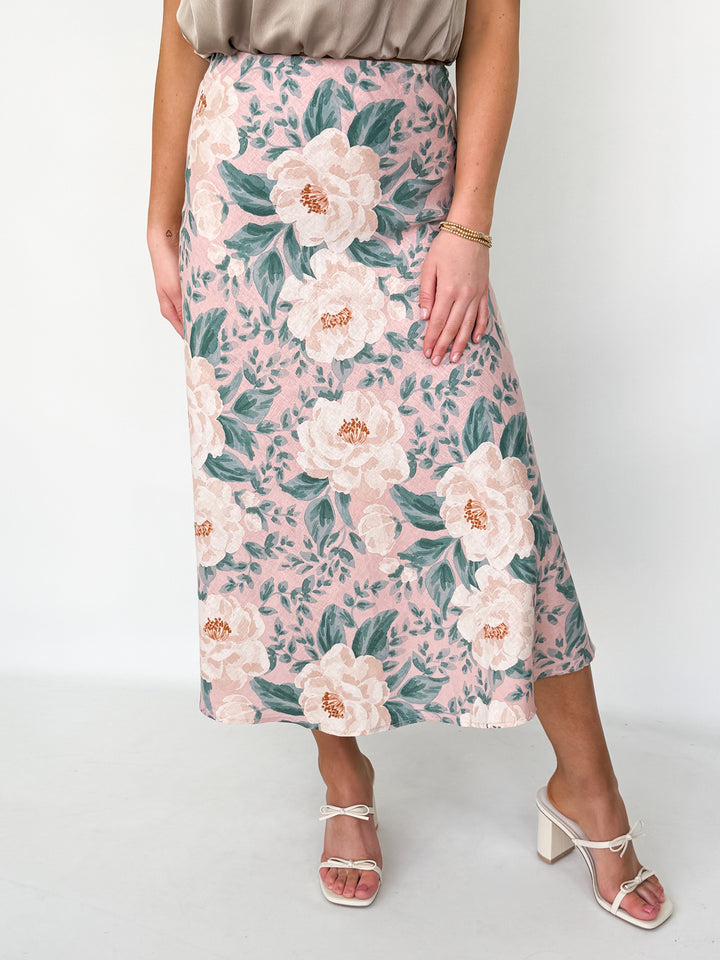 Ginger - Pink Floral Linen Skirt
