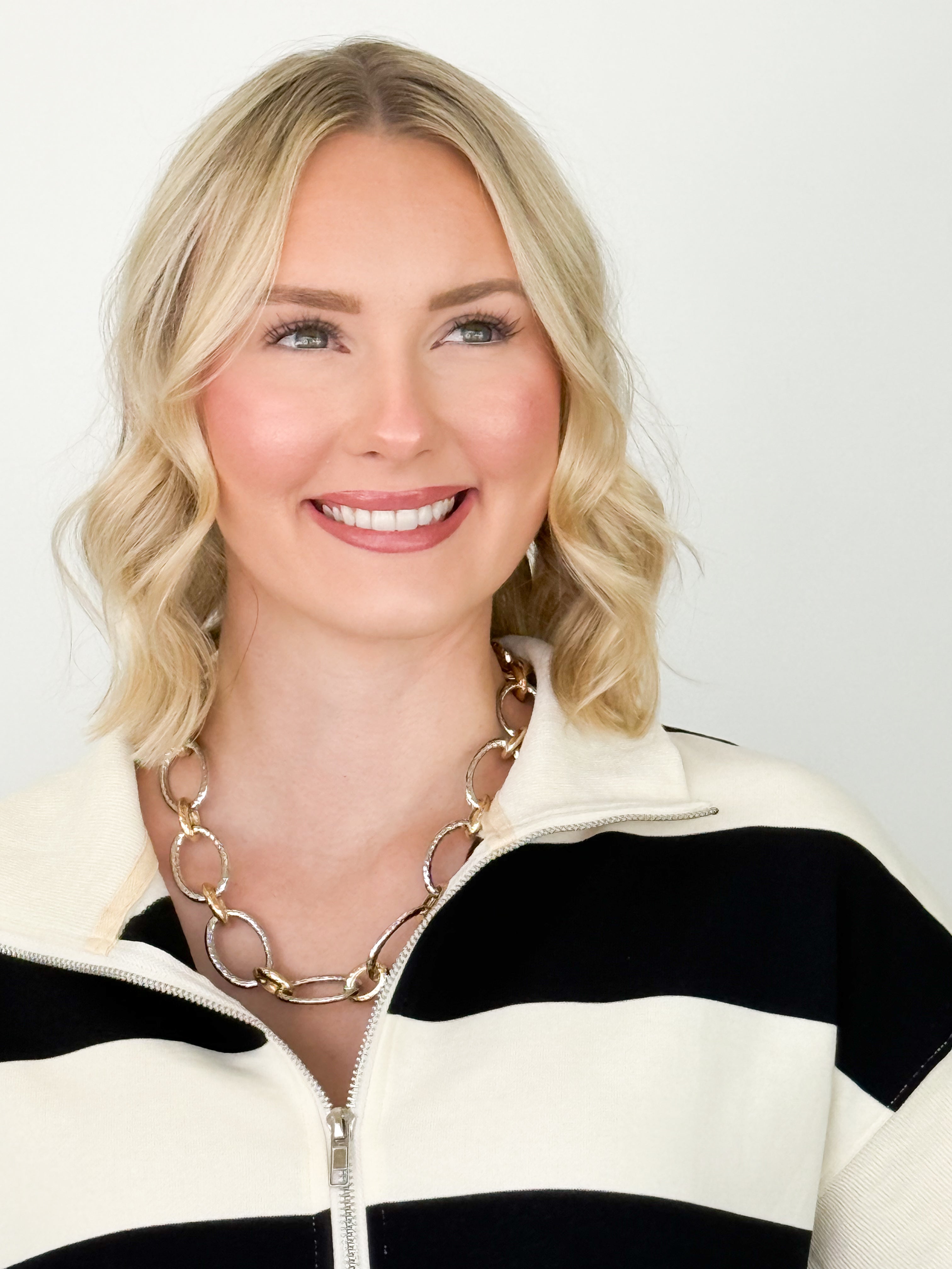 Barbara - Black + White Striped Half Zip Top