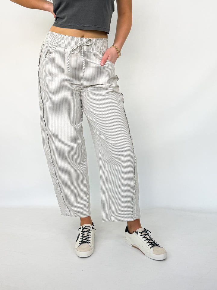 Maddie - Grey Striped Barrel Pants