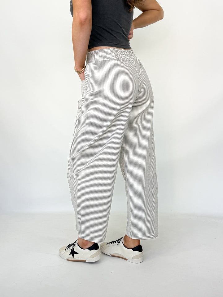 Maddie - Grey Striped Barrel Pants