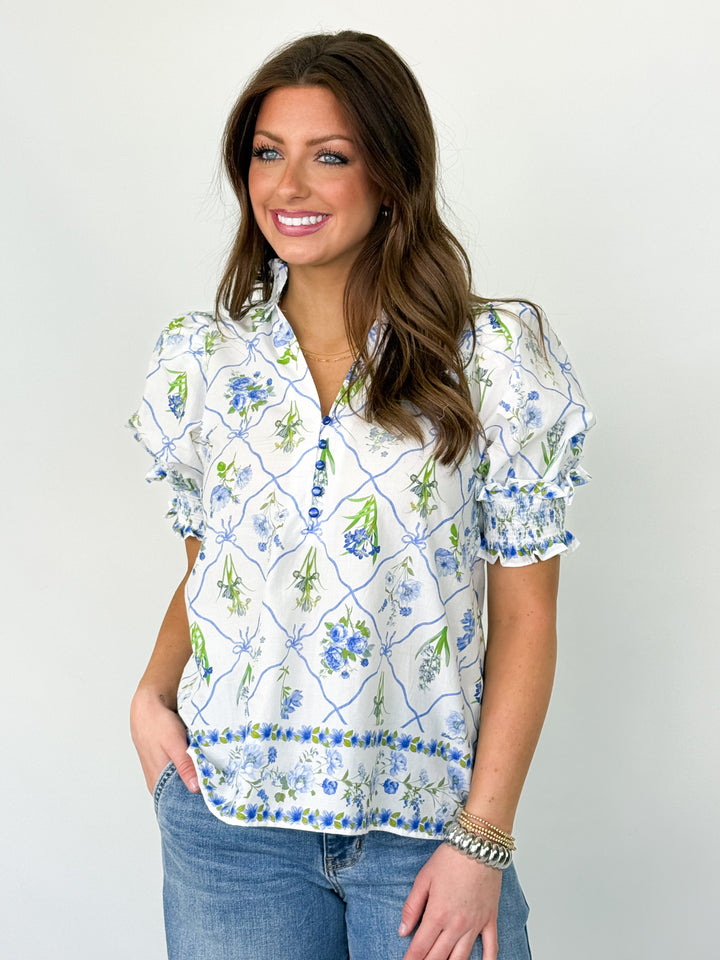 Leah - Blue Floral Smocked Detail Blouse