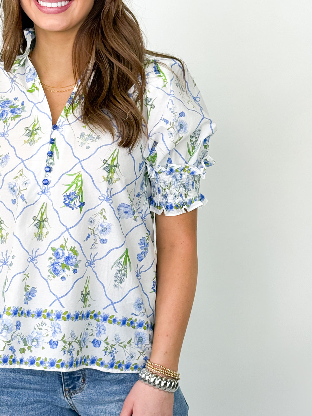 Leah - Blue Floral Smocked Detail Blouse
