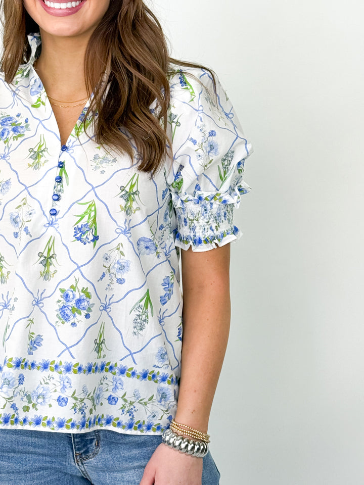 Leah - Blue Floral Smocked Detail Blouse