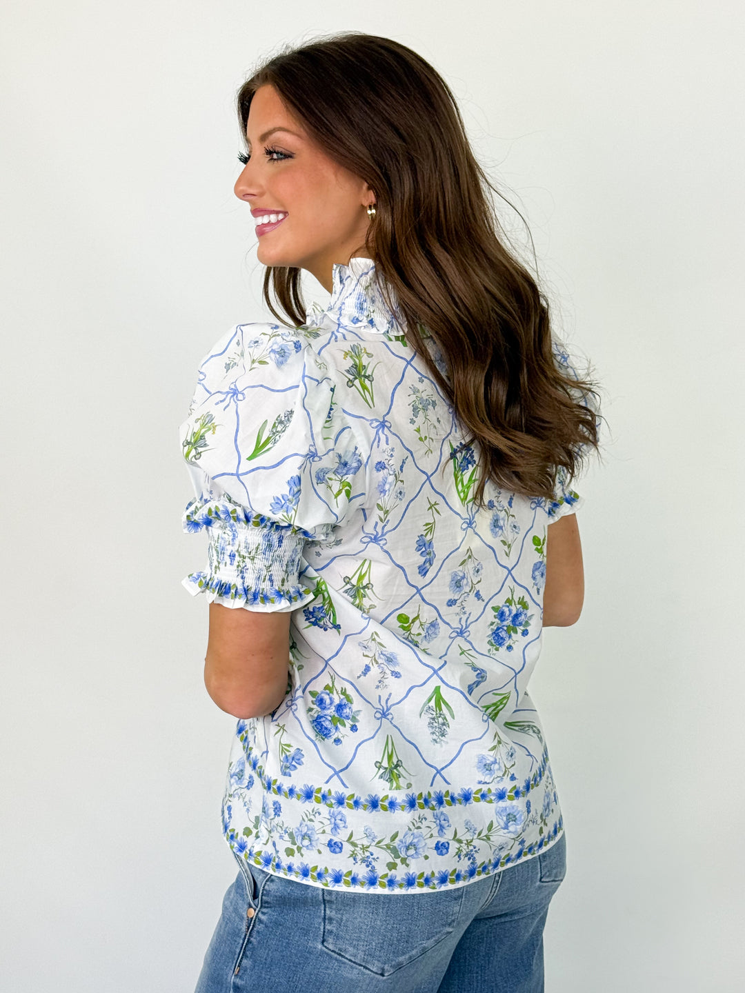 Leah - Blue Floral Smocked Detail Blouse