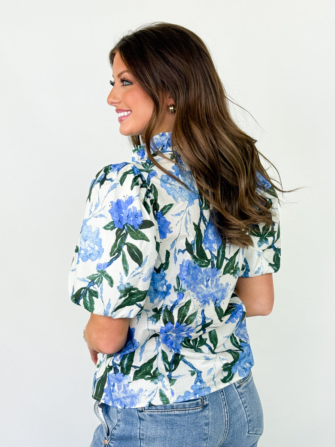 Fallyn - Blue Ruffled V-Neck Puff Sleeve Floral Blouse