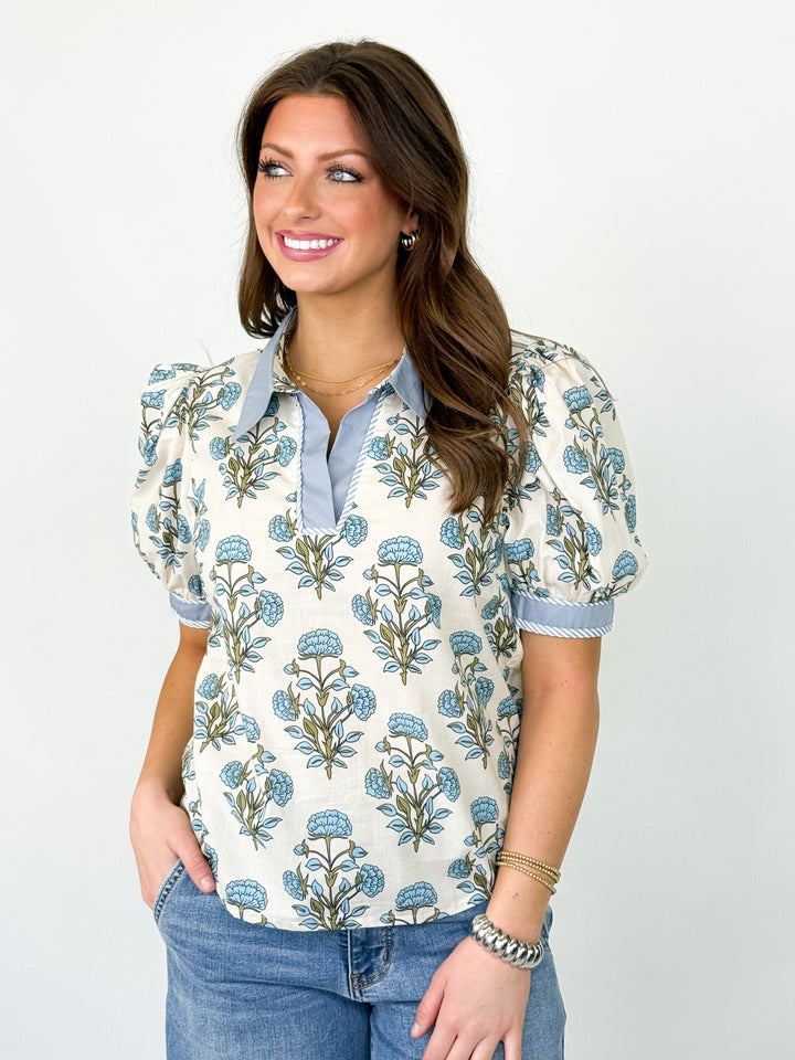 Maisha - Light Blue Floral Collared Top