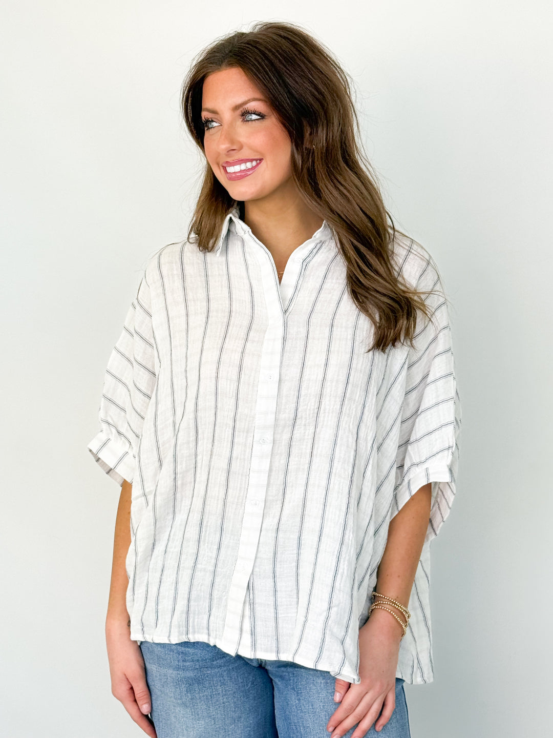 Layla - Oversized Striped Button Down Blouse (Ivory)