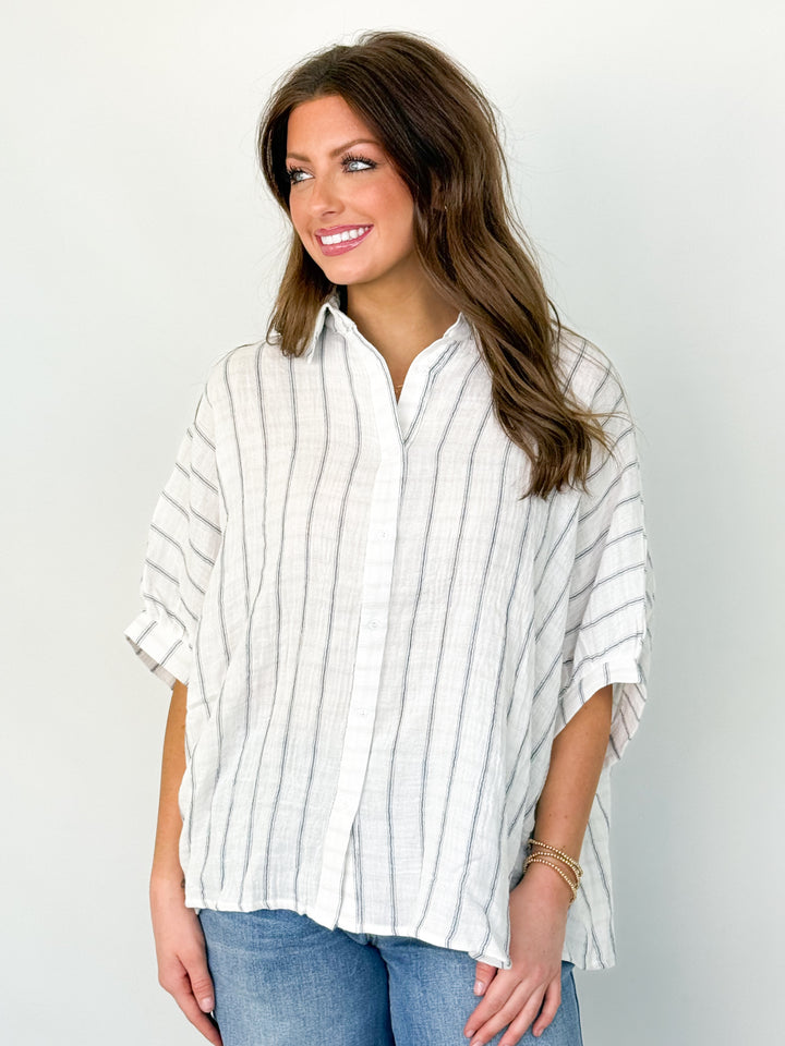 Layla - Oversized Striped Button Down Blouse (Ivory)