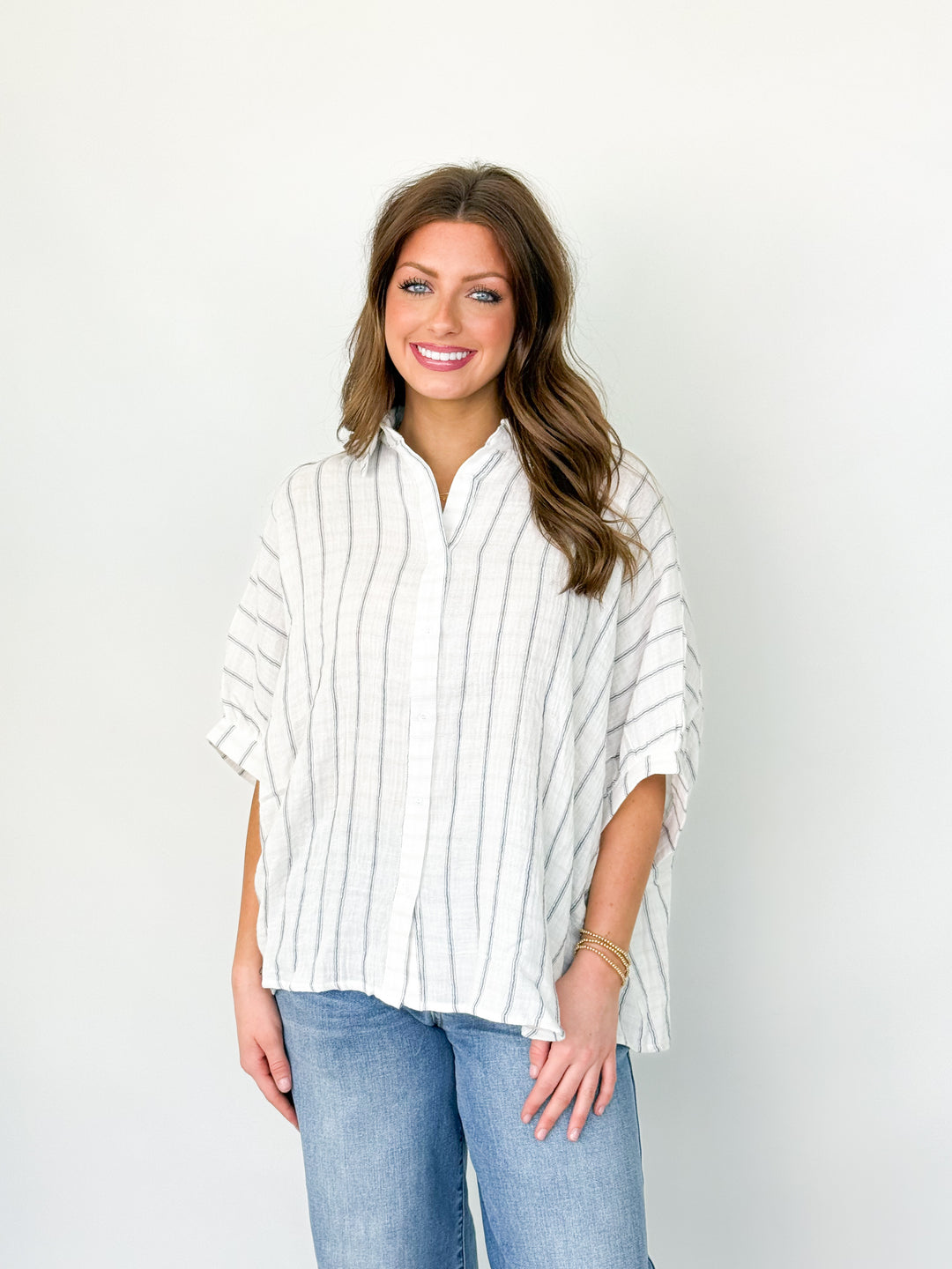 Layla - Oversized Striped Button Down Blouse (Ivory)