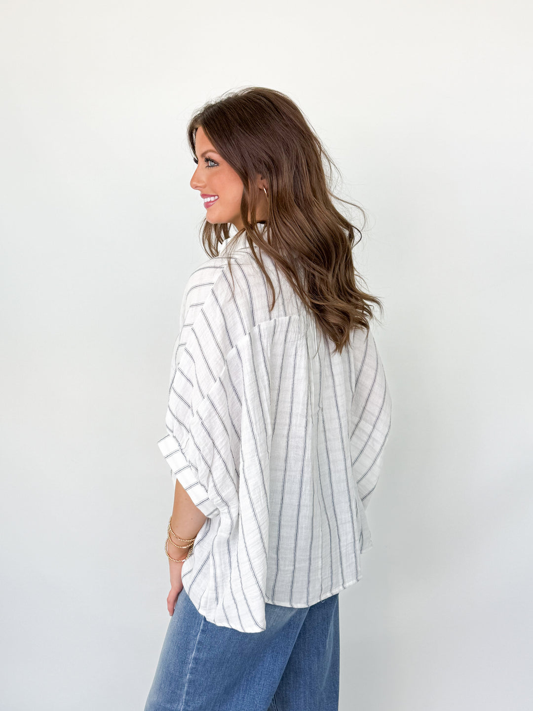 Layla - Oversized Striped Button Down Blouse (Ivory)