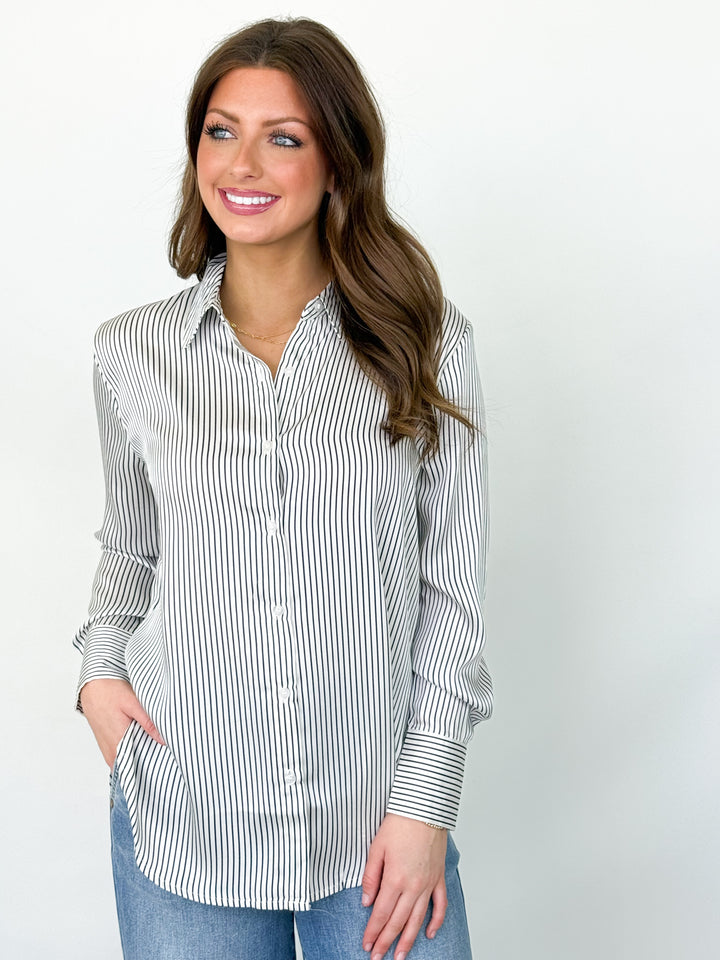 Stella - Striped Button Down Blouse (Navy)
