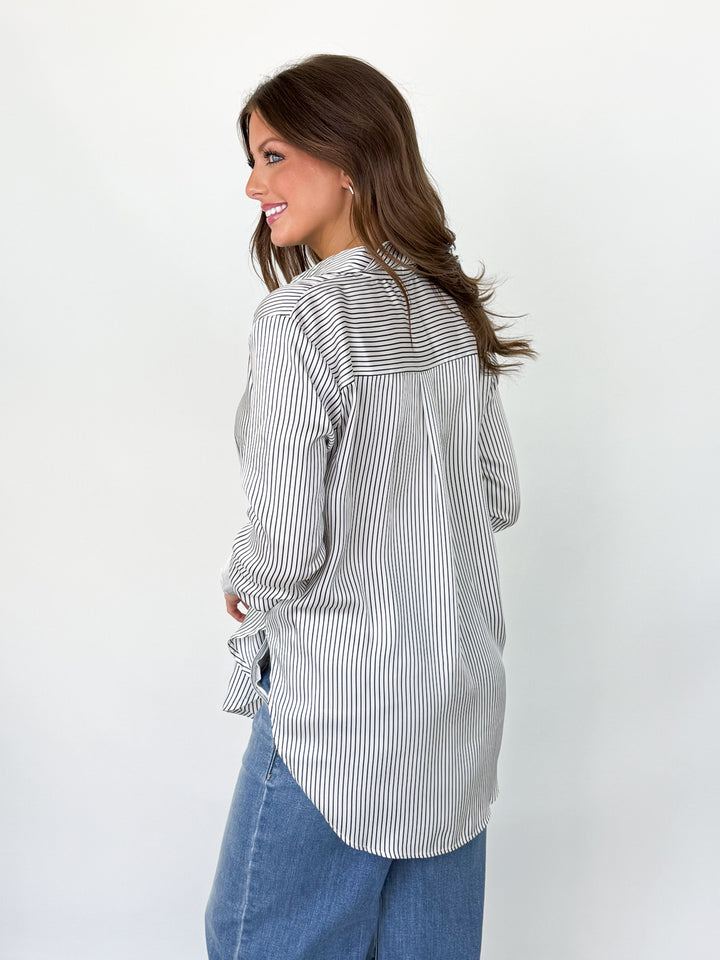 Stella - Striped Button Down Blouse (Navy)