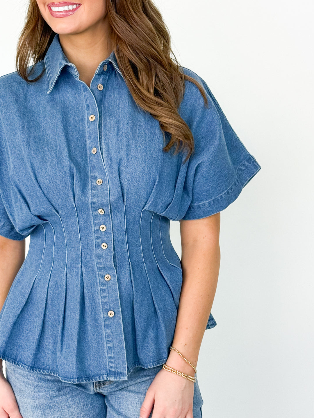 Hanna - Pleated Button Down Denim Blouse