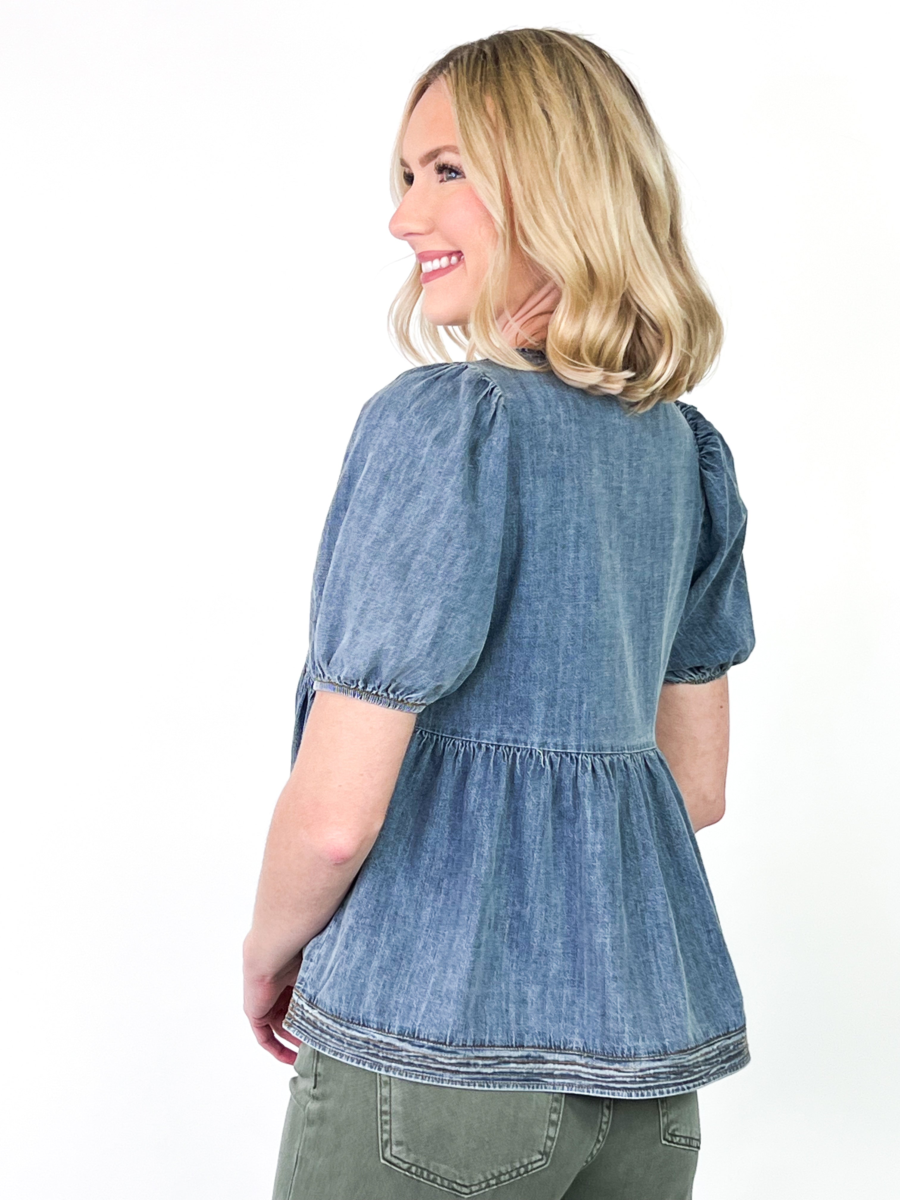 Demi - Puff Sleeve Denim Babydoll Bow Top