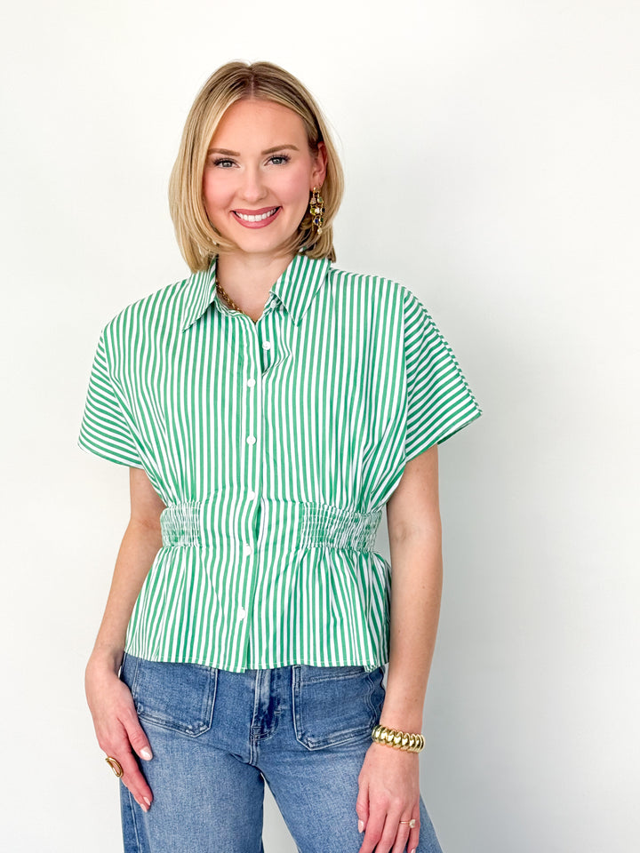 Rylee - Green Striped Smocked Waist Dolman Top