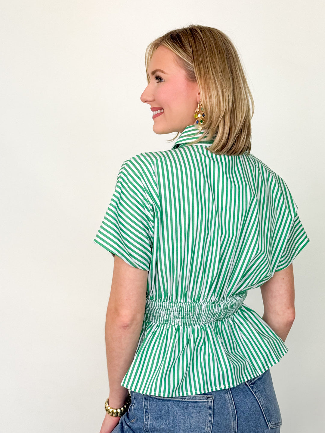 Rylee - Green Striped Smocked Waist Dolman Top