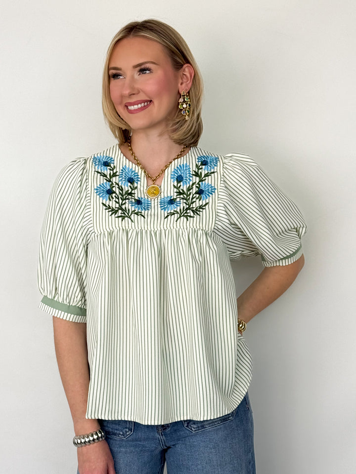Lina - Sage Striped Embroidered Top