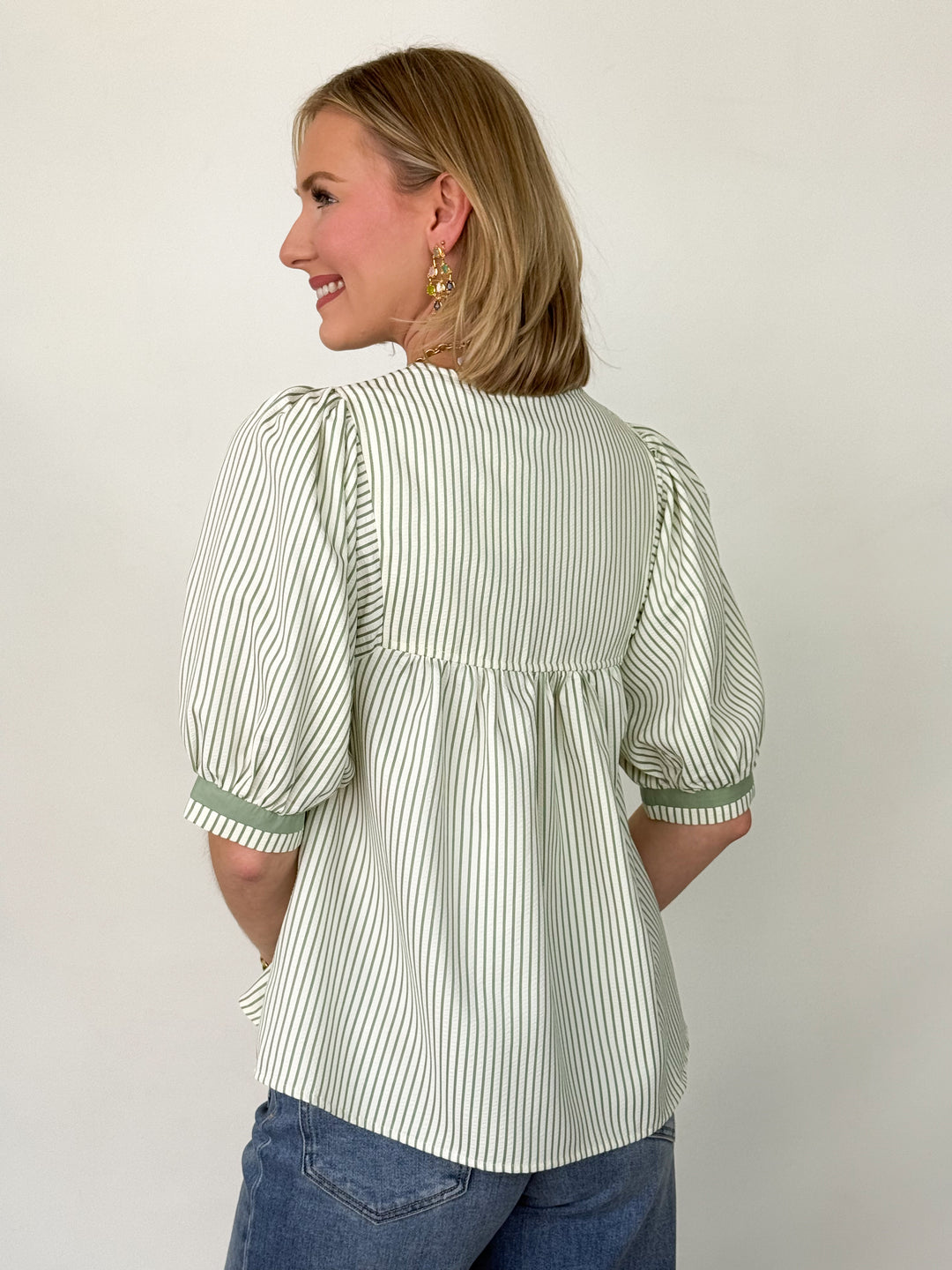 Lina - Sage Striped Embroidered Top
