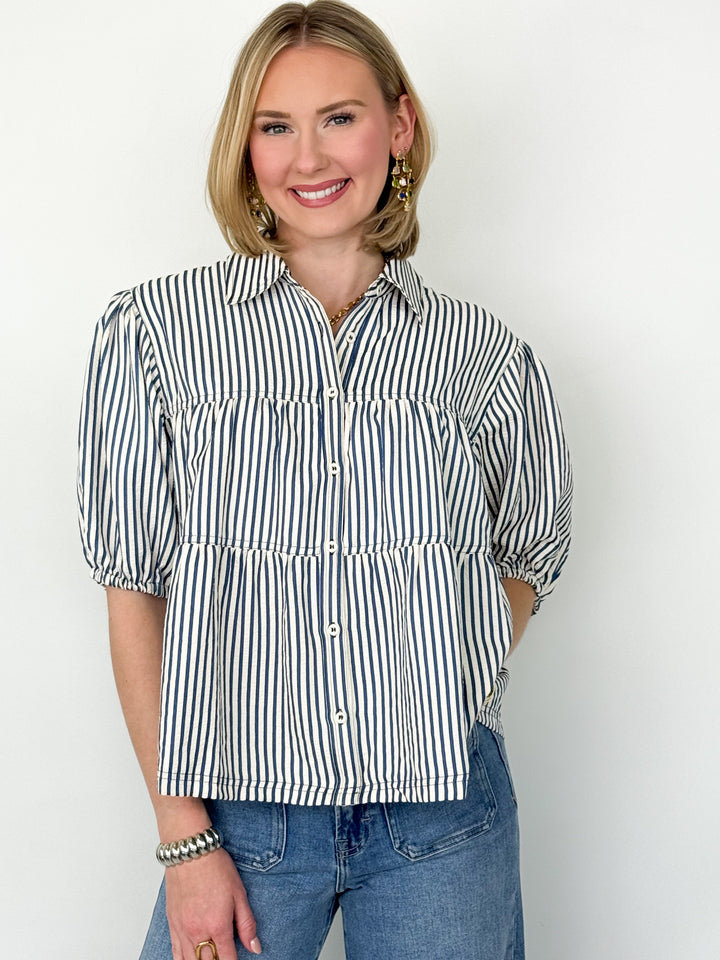 Bree - Blue Striped Short Sleeve Blouse