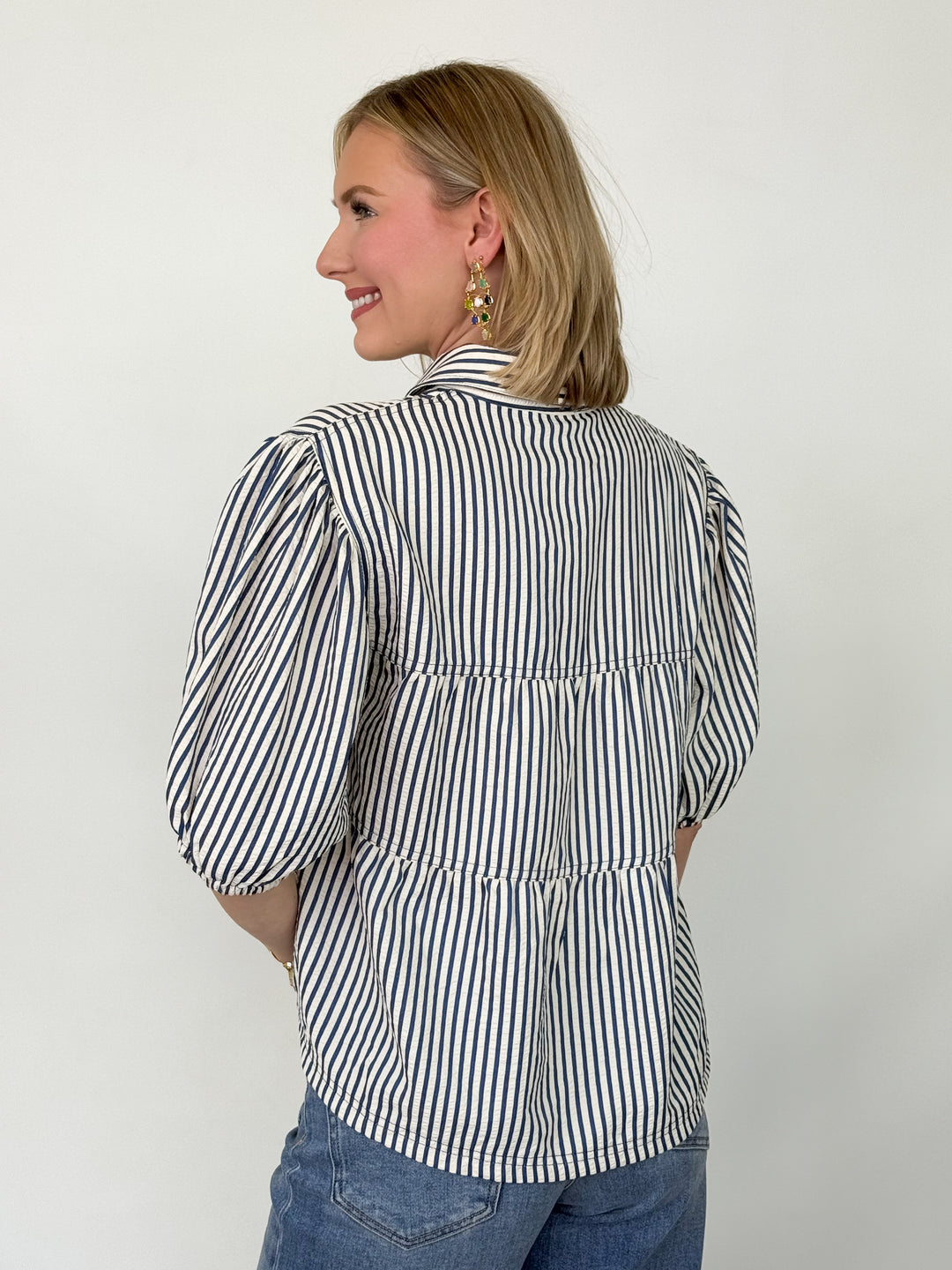 Bree - Blue Striped Short Sleeve Blouse