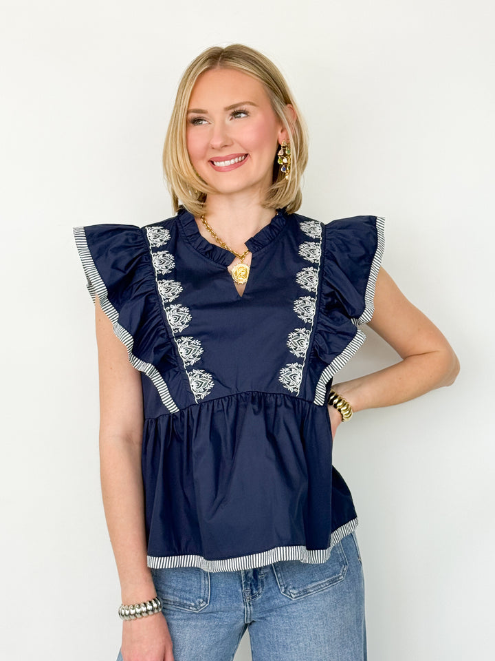 Lynsey - Navy Ruffled Sleeve Embroidered Top